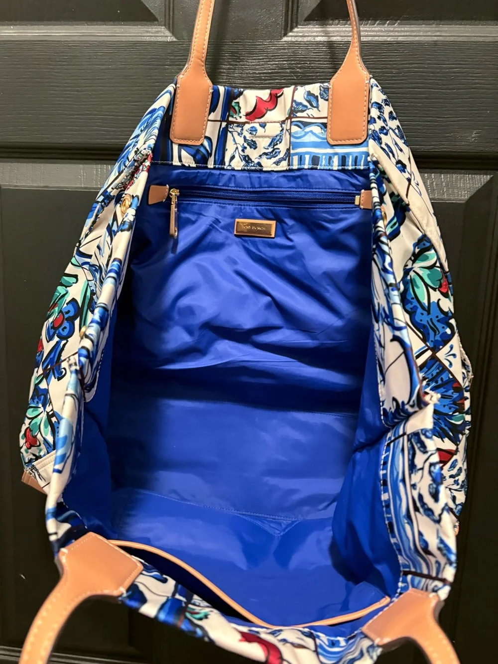 TORY BURCH Retired Blue Floral Patchwork Ella Tote with Tan Leather Details
